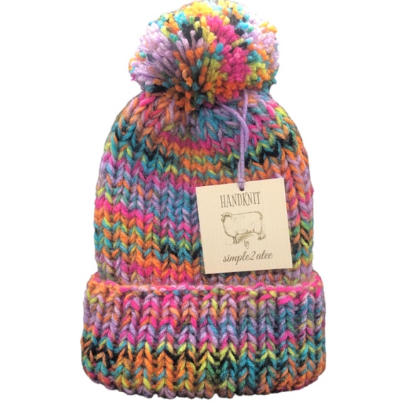 Pink Rainbow Bright Multi Color Double Strand Chunky Beanie with Pom Pom main image 5